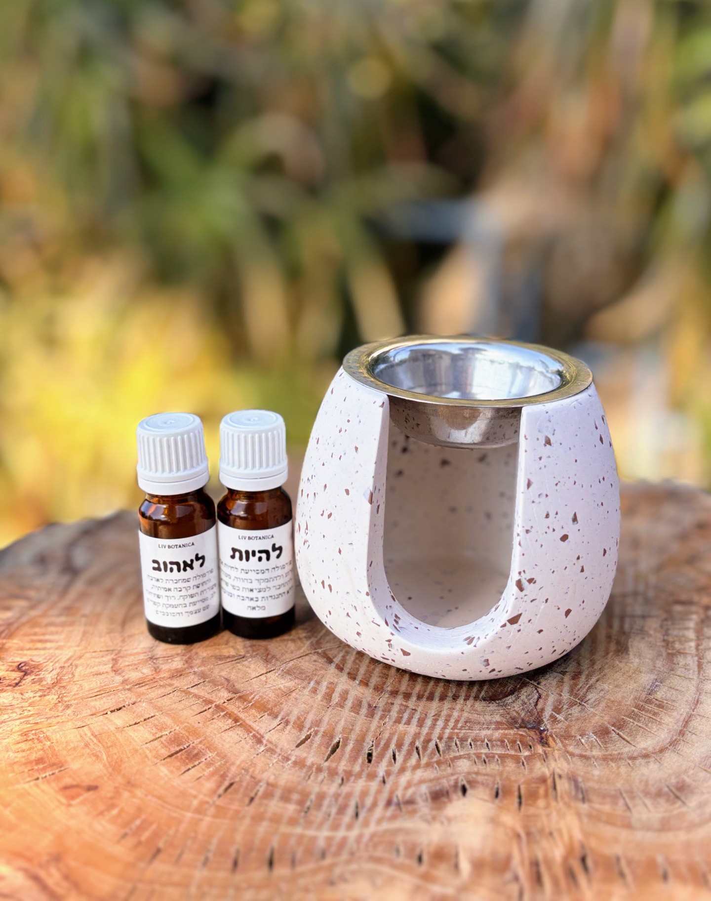 מבער שמנים מבטון עם בקבוקוני שמנים אתריים