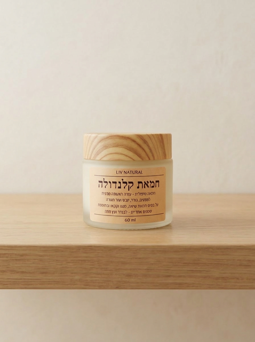 צנצנת זכוכית חמאת קלנדולה עם מכסה עץ על מדף עץ, לצד לבנדר וקערות קרמיקה