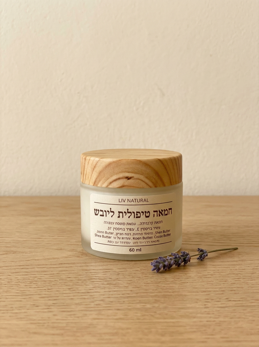 צנצנת זכוכית חמאת גוף טיפולית עם מכסה עץ על לוח עץ, לצד פרחי קלנדולה ולבנדר